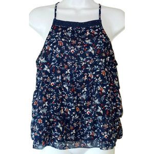 ABERCROMBIE FITCH Small Navy w/ White Floral Chiffon Ruffle Tiered Halter Blouse